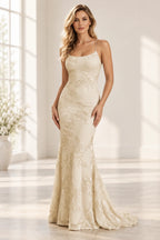 Elegant Floral Applique Mermaid Scoop Neck Spaghetti Strap Lace-Up Back Prom Dress