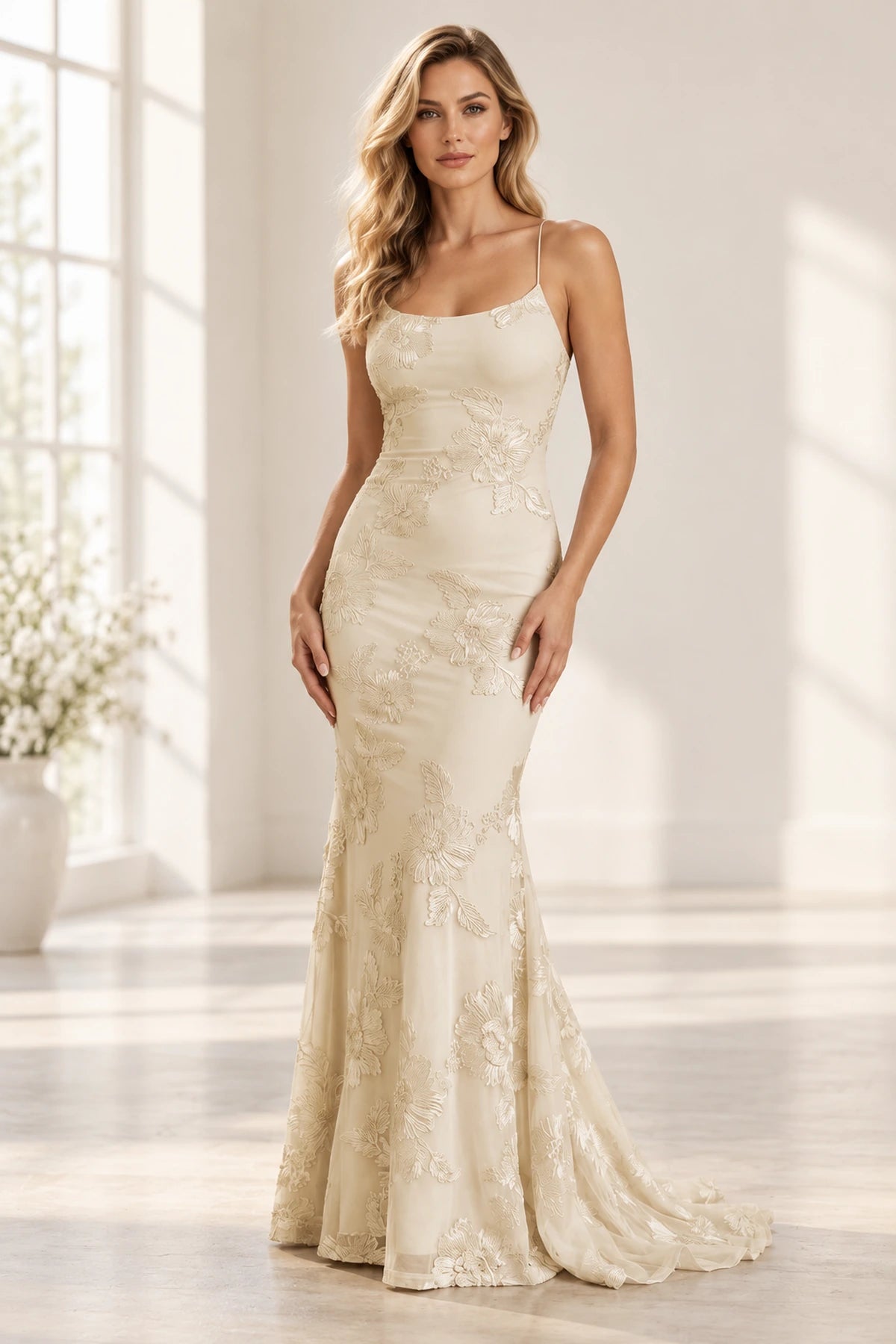 Elegant Floral Applique Mermaid Scoop Neck Spaghetti Strap Lace-Up Back Prom Dress