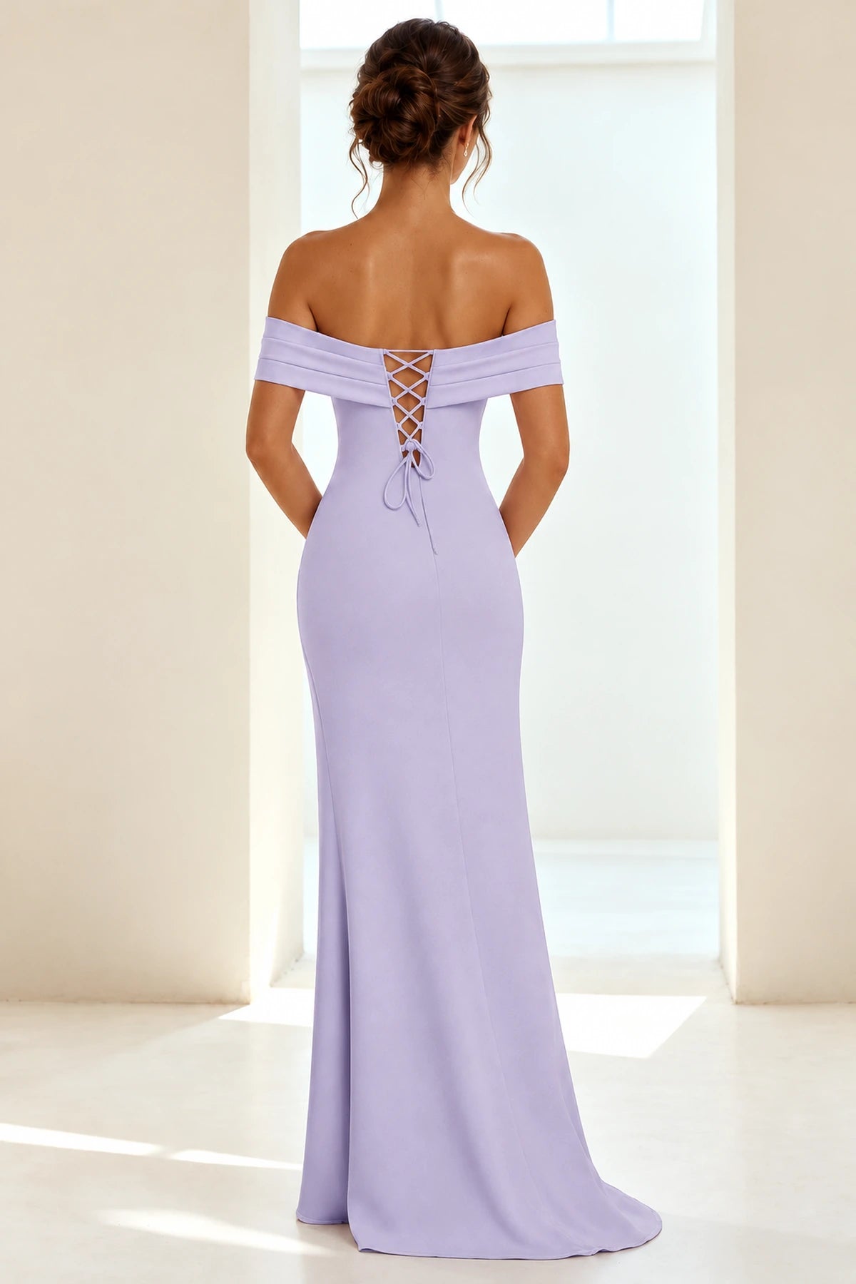Elegant Sheath Off Shoulder Short Sleeve Lace-Up Back Long Prom Dress