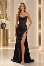 Elegant Satin Mermaid Sweetheart Strapless Corset Lace-Up Back Long Prom Dress