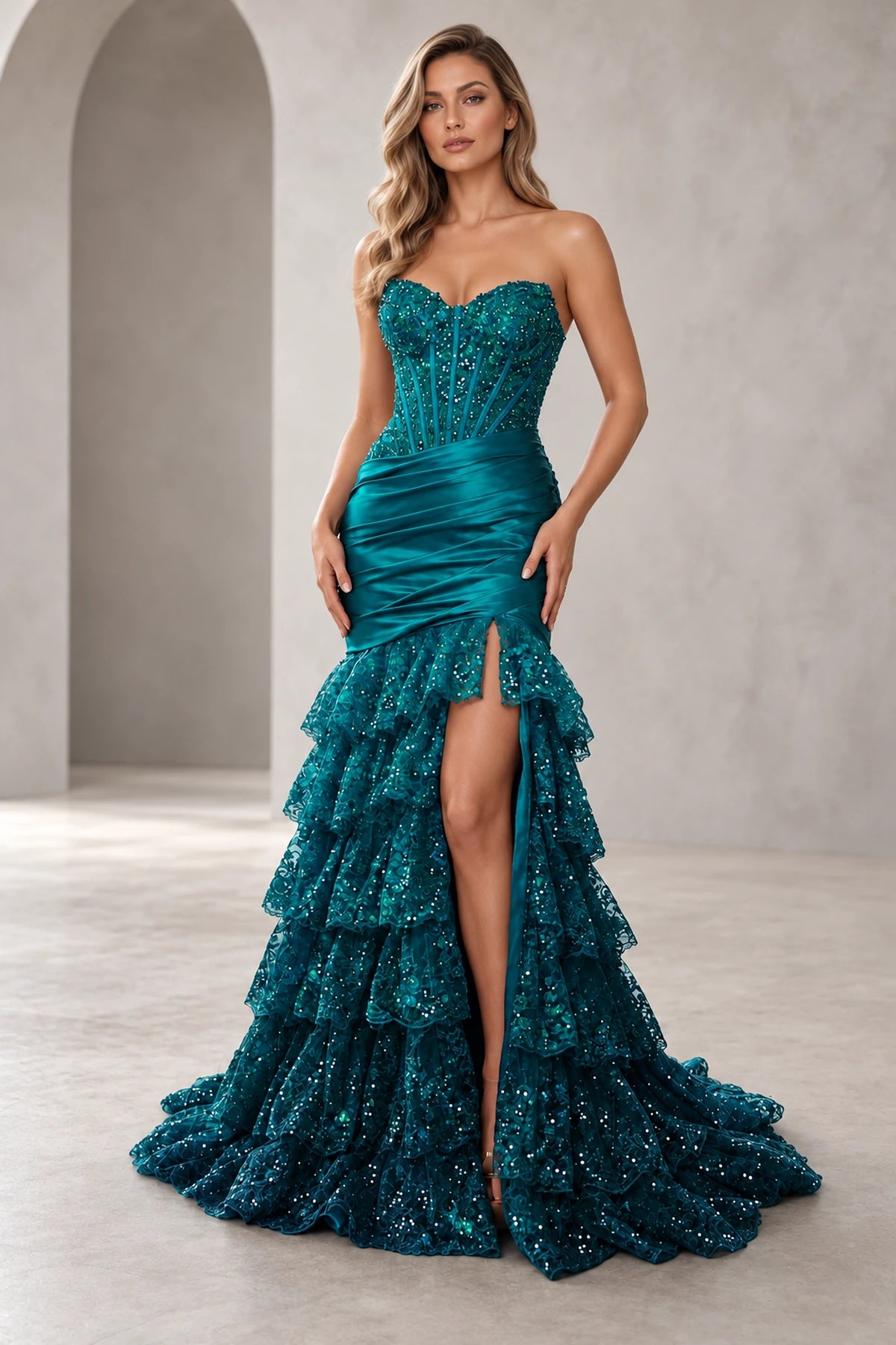 Glamorous Sequin Mermaid Sweetheart Strapless Corset Ruffle Prom Dress