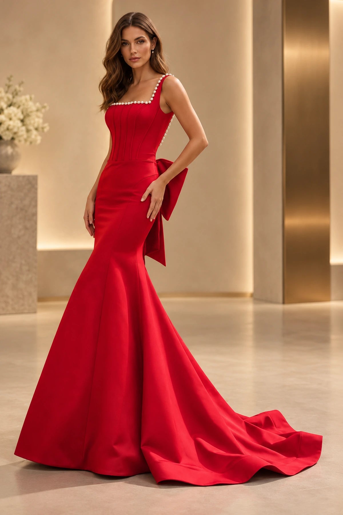Elegant Satin Mermaid Square Neck Pearl Trim Bow Back Long Prom Dress