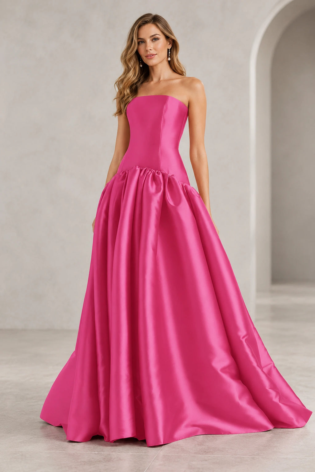 Romantic A Line Straight Neck Strapless Drop Waist Long Prom Dress