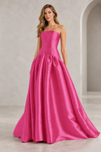 Romantic A Line Straight Neck Strapless Drop Waist Long Prom Dress