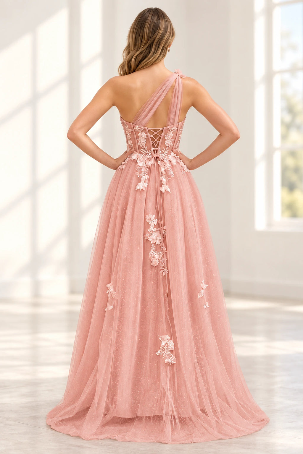 Romantic Tulle A Line Sweetheart One Shoulder Floral Long Prom Dress