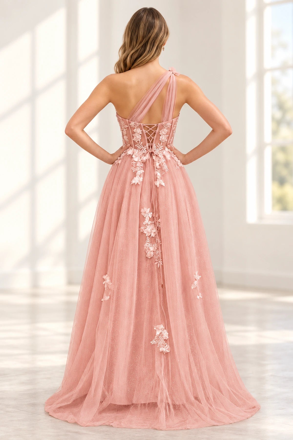 Romantic Tulle A Line Sweetheart One Shoulder Floral Long Prom Dress