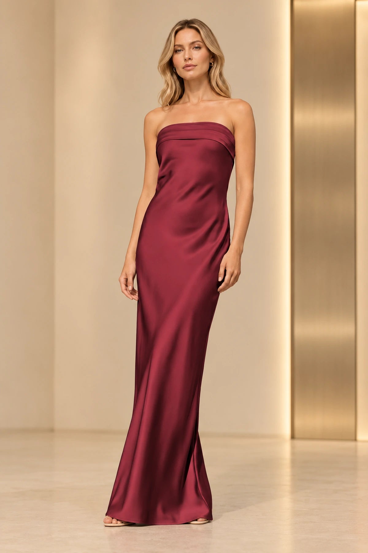 Sleek Satin Look Sheath Straight Neck Strapless Long Prom Dress