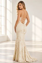 Elegant Floral Applique Mermaid Scoop Neck Spaghetti Strap Lace-Up Back Prom Dress