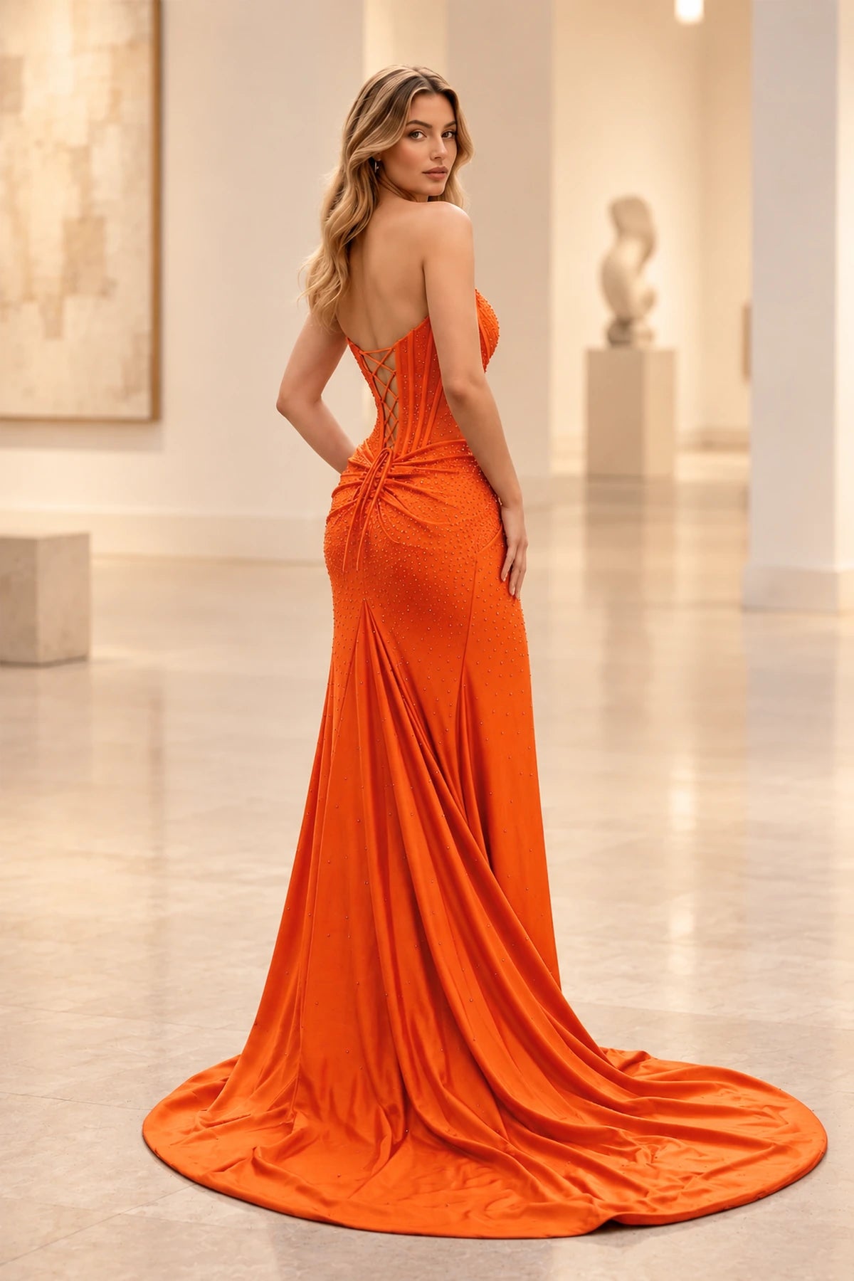 Elegant Satin Mermaid Strapless Corset Beaded Lace-Up Back Prom Dress