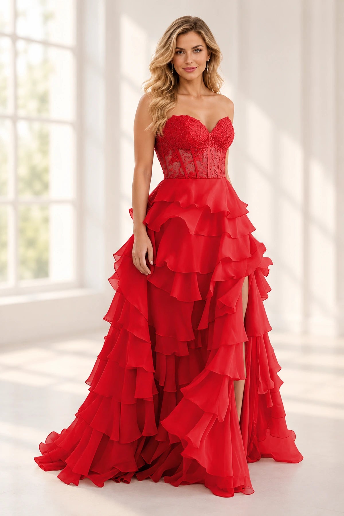 Elegant Chiffon Ball Gown Sweetheart Strapless Lace-Up Back Ruffle Prom Dress