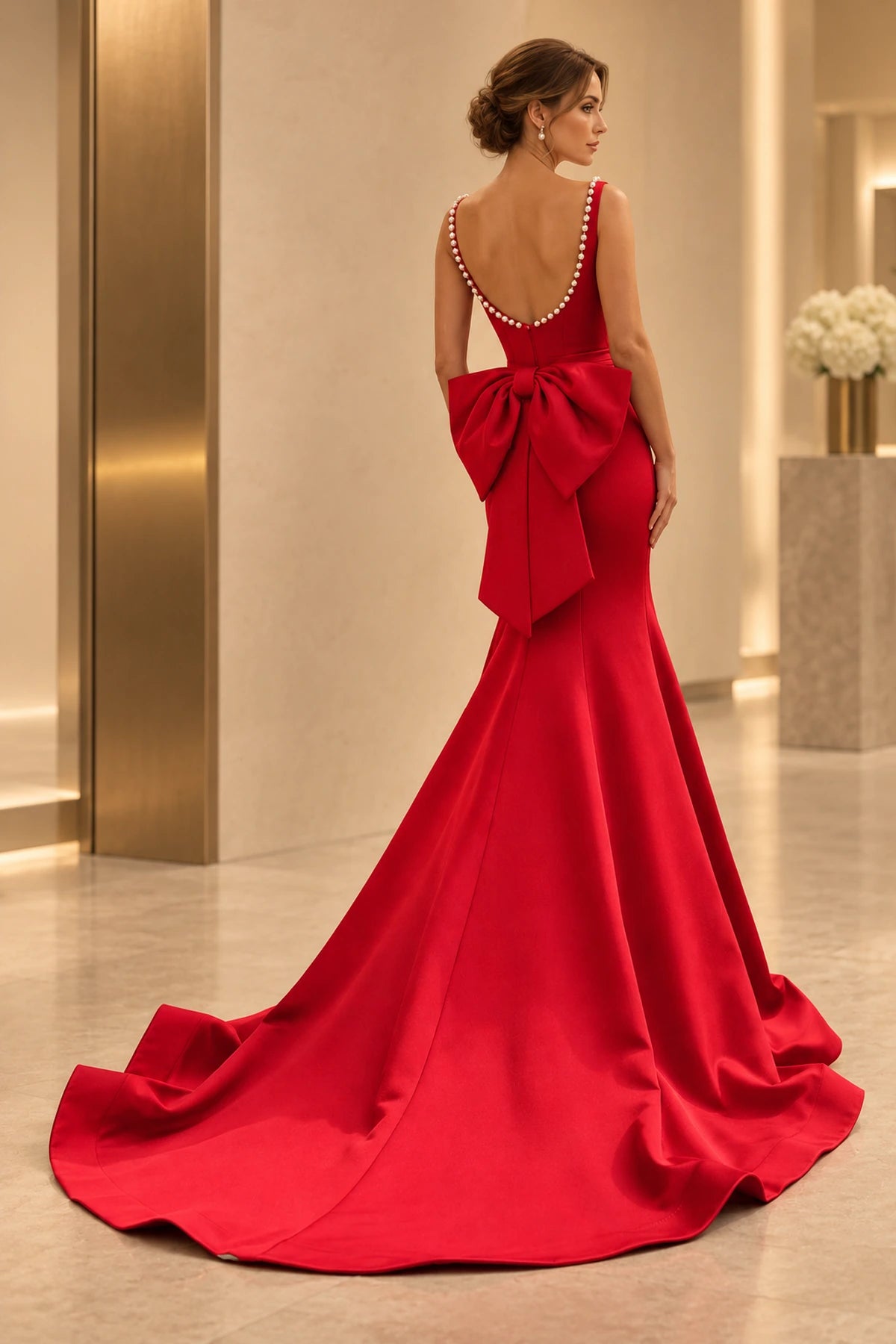Elegant Satin Mermaid Square Neck Pearl Trim Bow Back Long Prom Dress