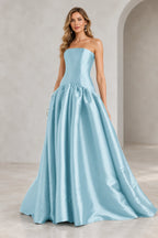 Romantic A Line Straight Neck Strapless Drop Waist Long Prom Dress