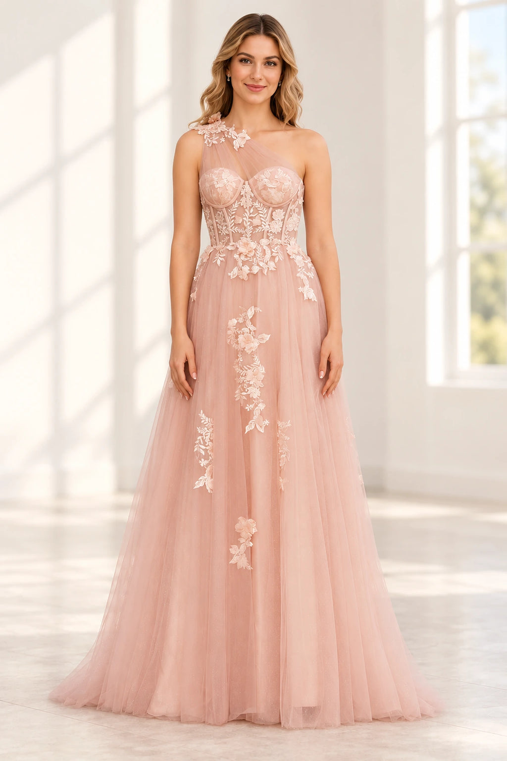 Romantic Tulle A Line Sweetheart One Shoulder Floral Long Prom Dress