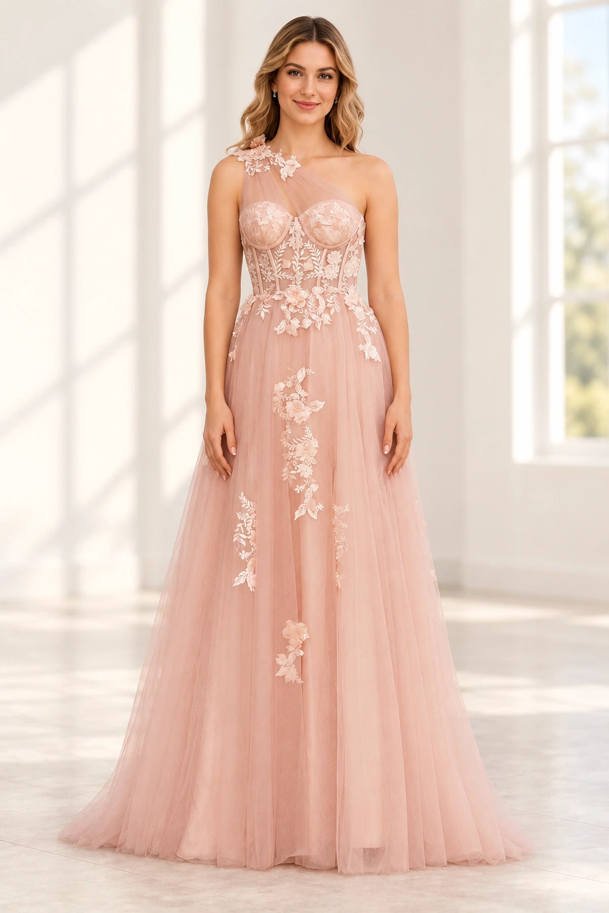 Romantic Tulle A Line Sweetheart One Shoulder Floral Long Prom Dress