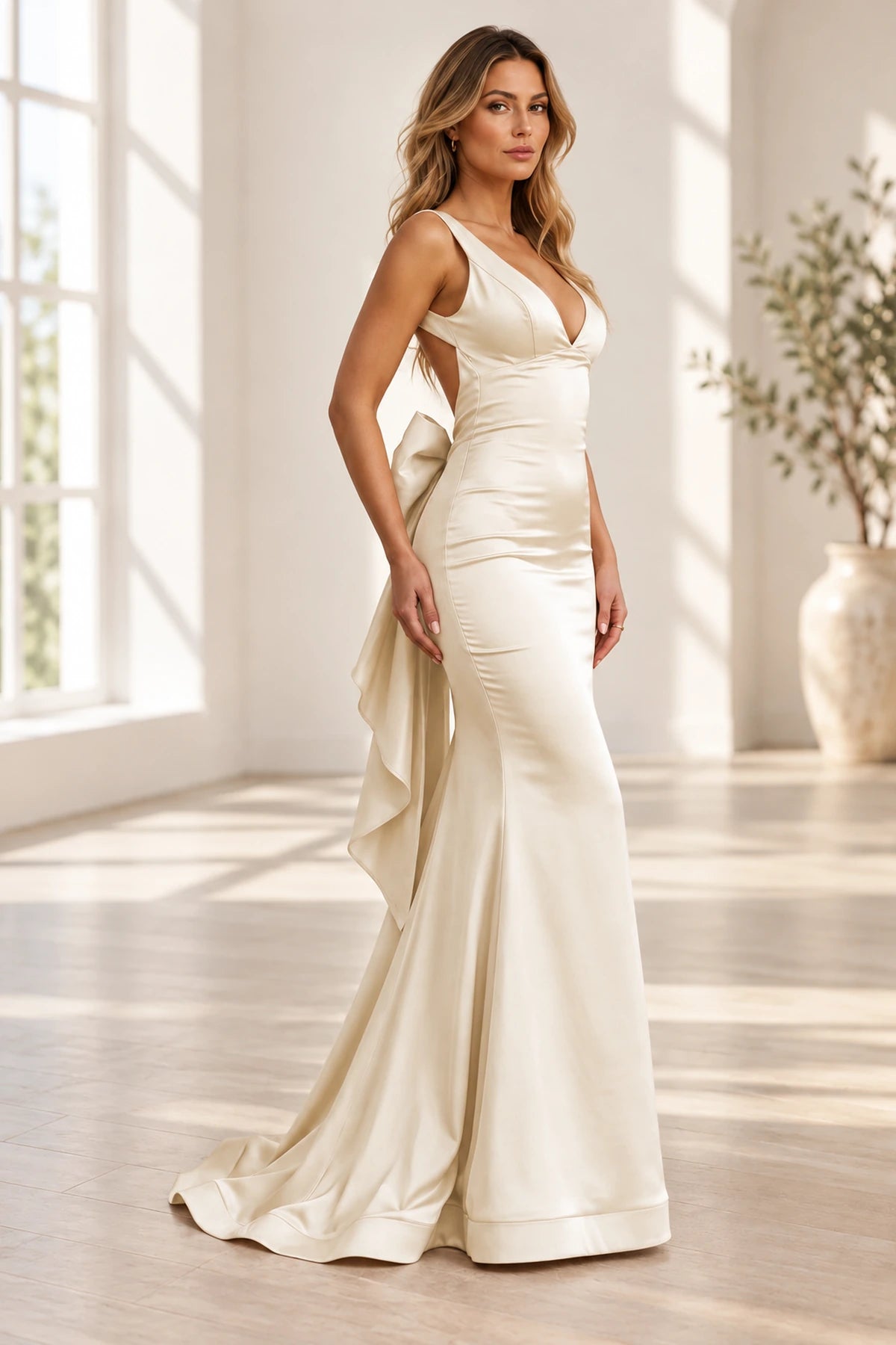 Elegant Satin Mermaid Deep V-Neck Sleeveless Low-Back Bow Long Prom Dress