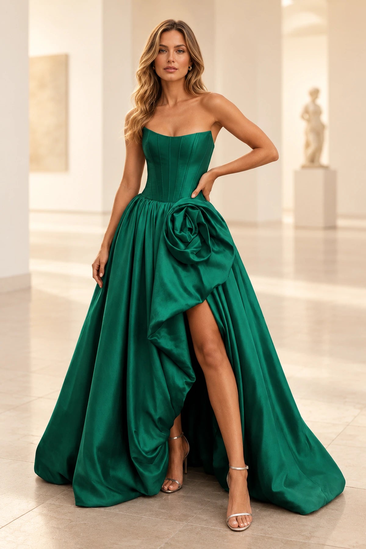 Dramatic Satin A Line Scoop Neck Strapless Long Prom Dress