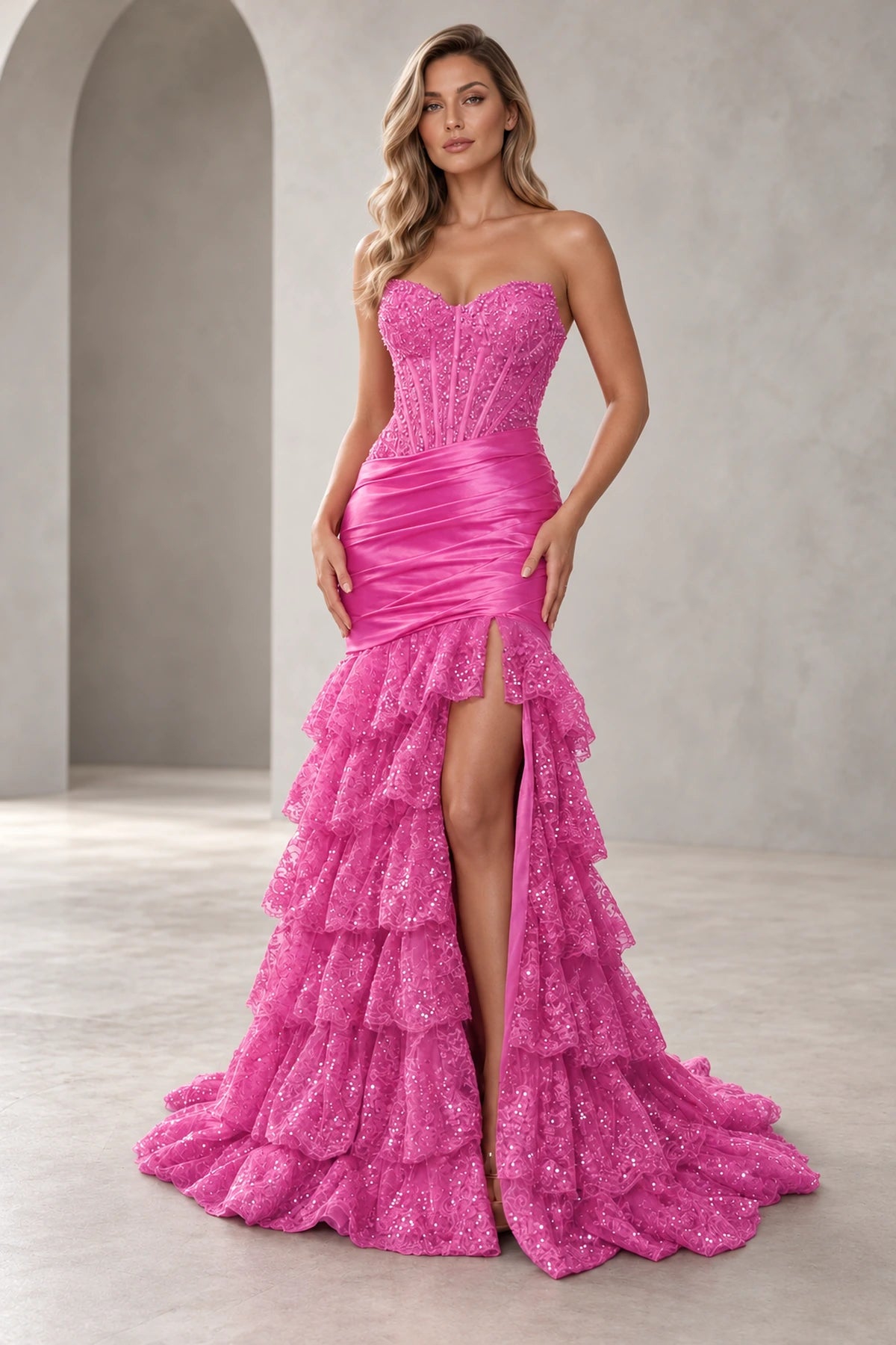 Glamorous Sequin Mermaid Sweetheart Strapless Corset Ruffle Prom Dress