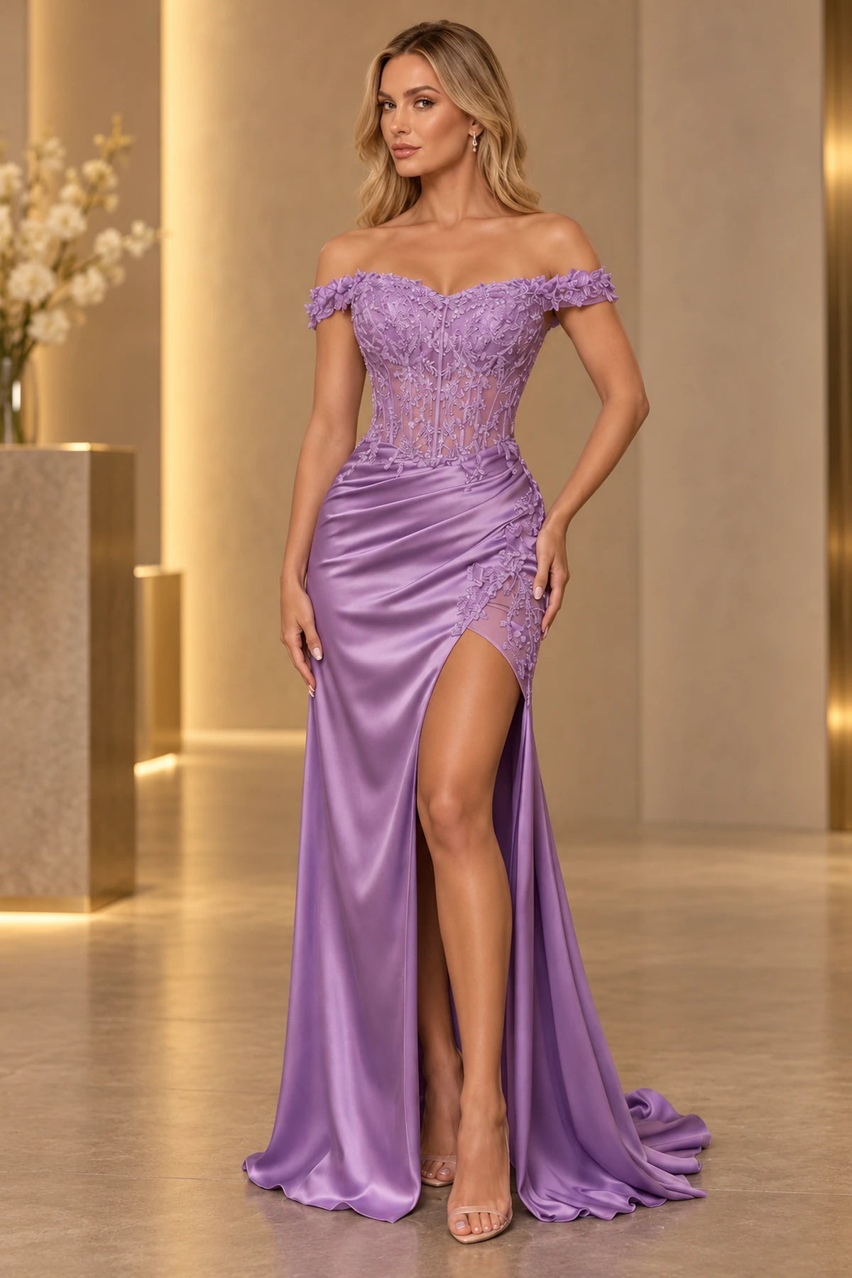 Elegant Satin Mermaid Off Shoulder Floral Applique Corset Lace-Up Back Prom Dress