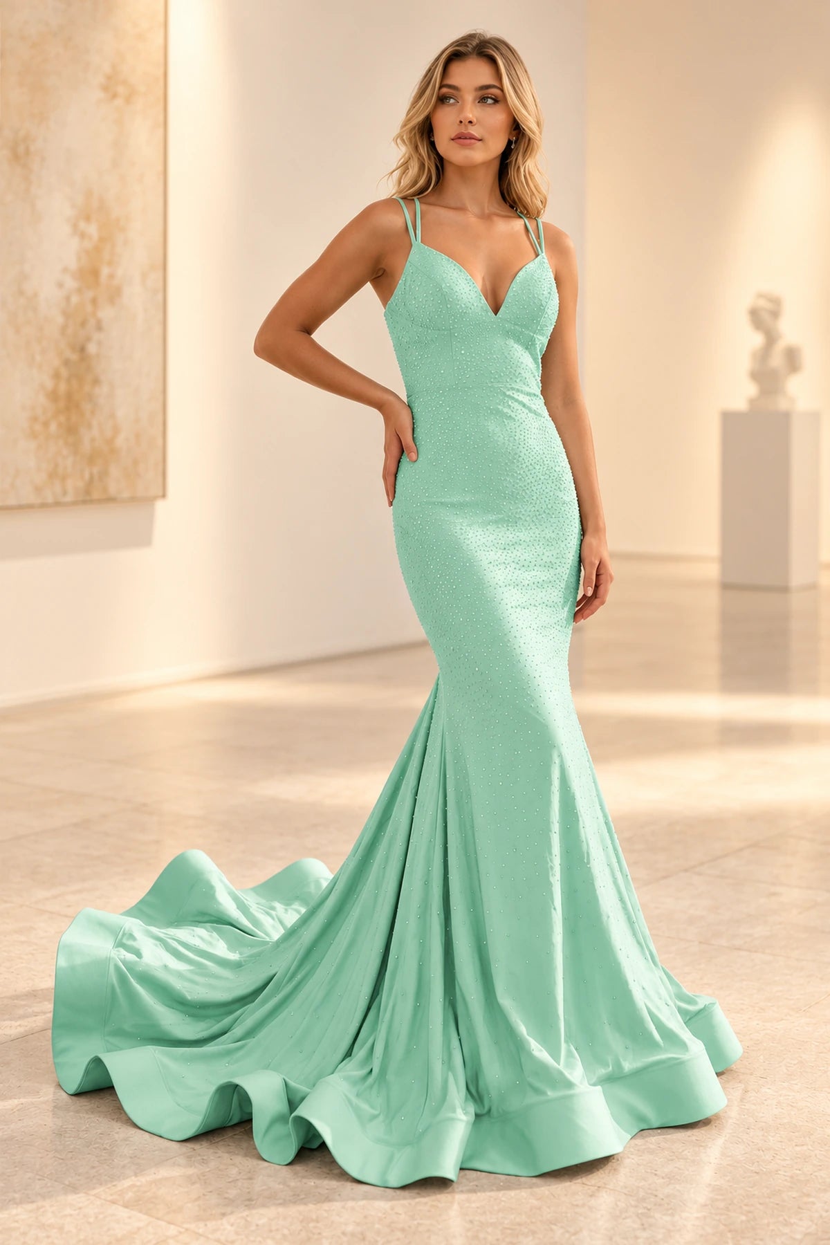 Radiant Satin Look Mermaid V Neck Spaghetti Strap Long Prom Dress