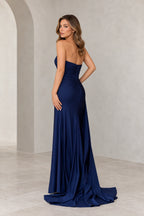 Radiant Satin Look Sheath Straight Neck Strapless Draped Long Prom Dress
