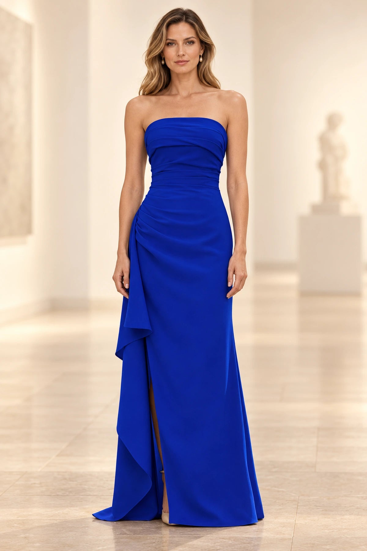 Elegant Satin Sheath Straight Neck Strapless Lace-Up Back Long Prom Dress