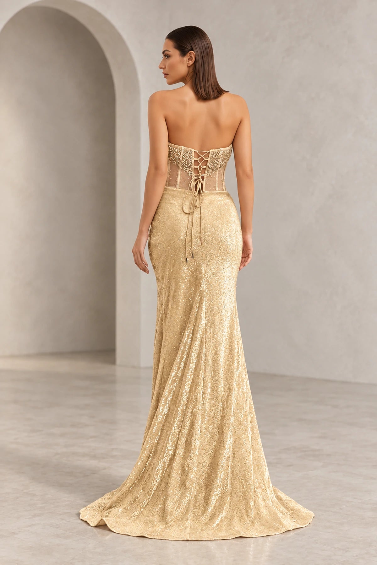 Strapless Sequin Corset Bodice High Slit Mermaid Prom Dress