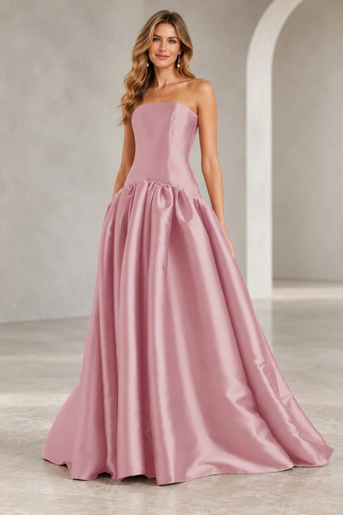 Romantic A Line Straight Neck Strapless Drop Waist Long Prom Dress