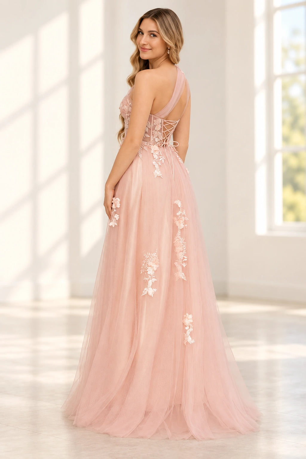 Romantic Tulle A Line Sweetheart One Shoulder Floral Long Prom Dress
