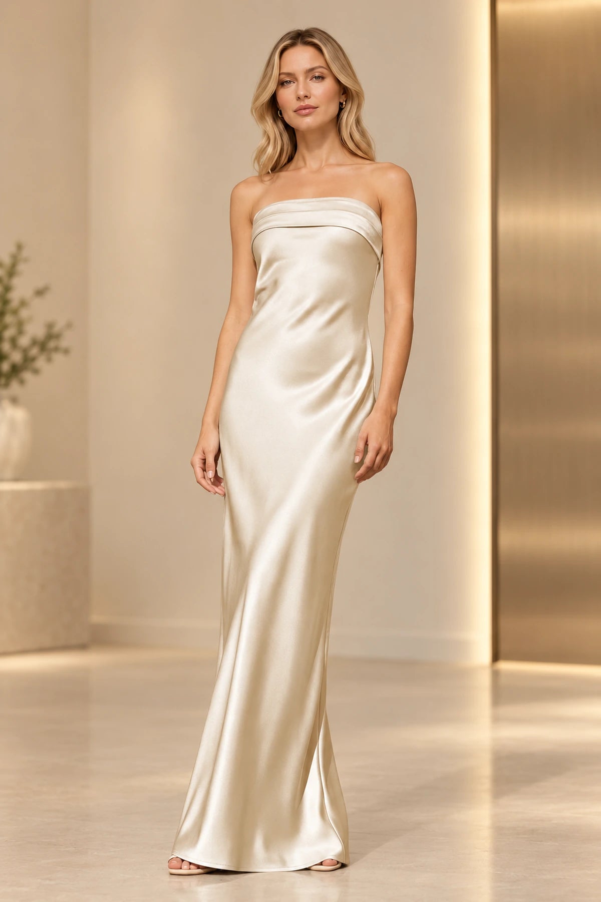 Sleek Satin Look Sheath Straight Neck Strapless Long Prom Dress