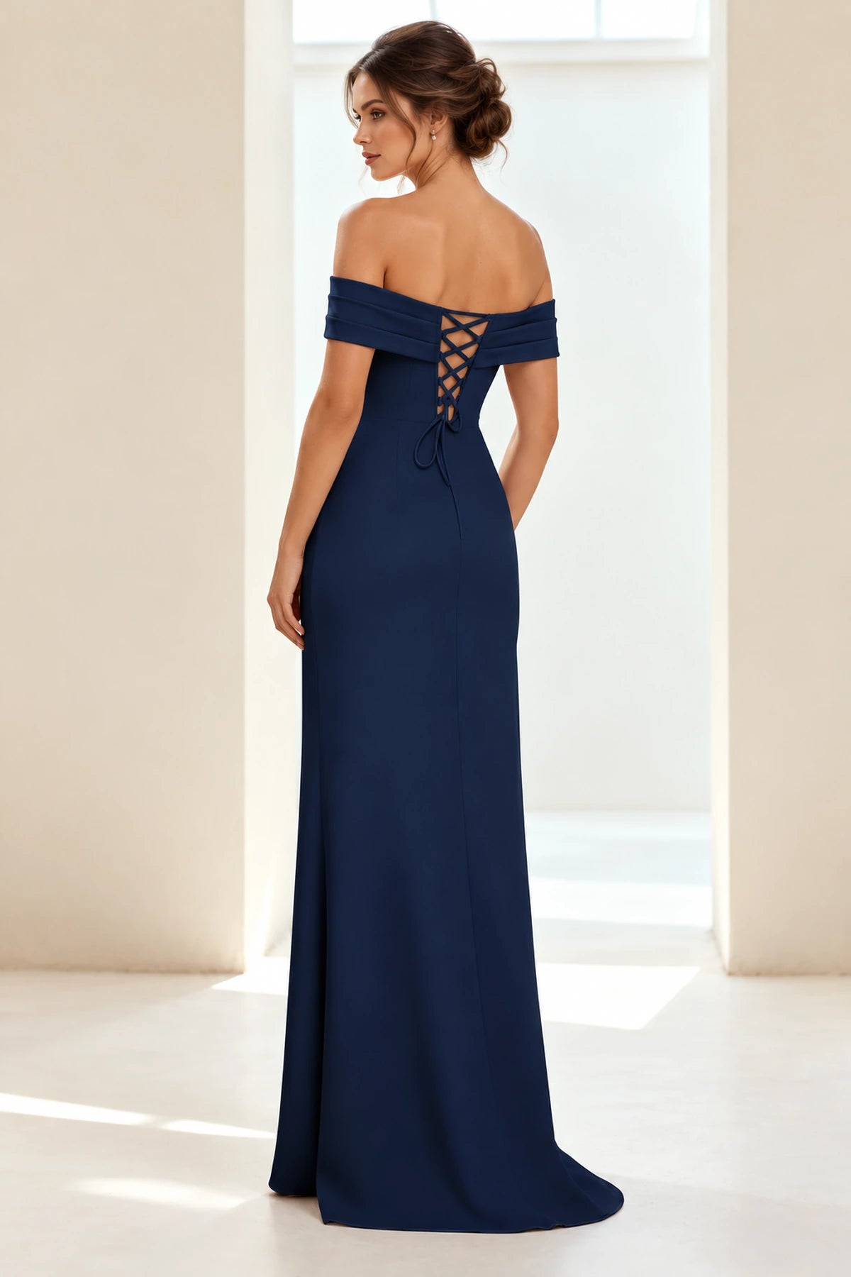 Elegant Sheath Off Shoulder Short Sleeve Lace-Up Back Long Prom Dress