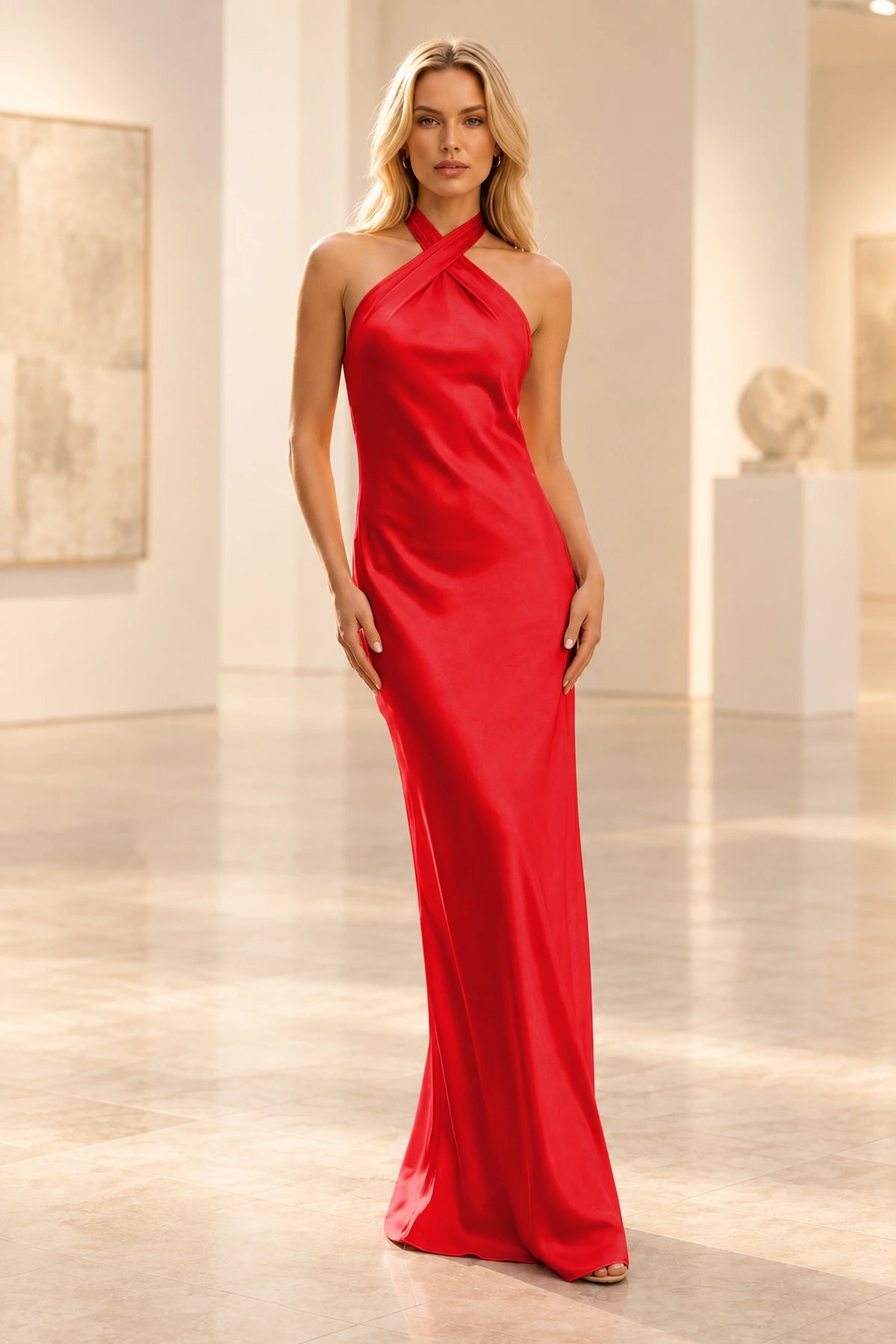 Elegant Satin Sheath Halter Sleeveless Bow-Back Floor-Length  Prom Dress
