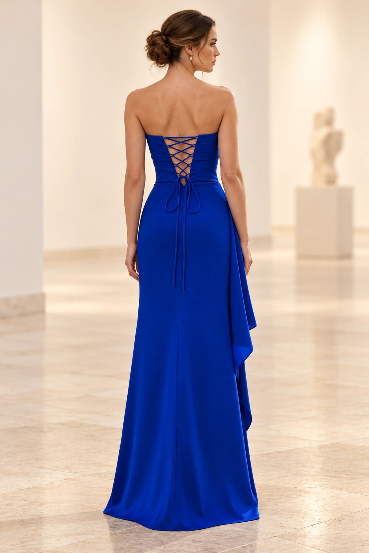 Elegant Satin Sheath Straight Neck Strapless Lace-Up Back Long Prom Dress