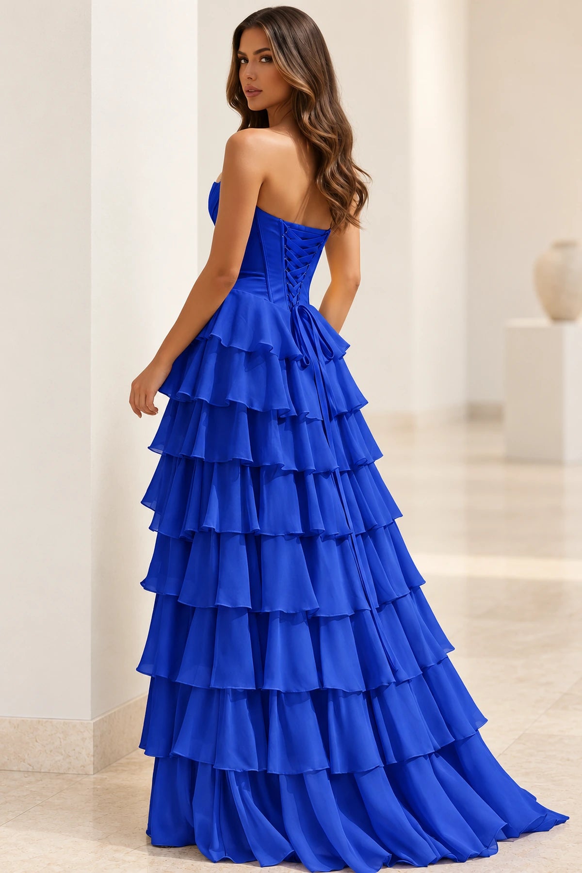 Elegant Chiffon Ball Gown Sweetheart Strapless Corset Lace-Up Back Prom Dress