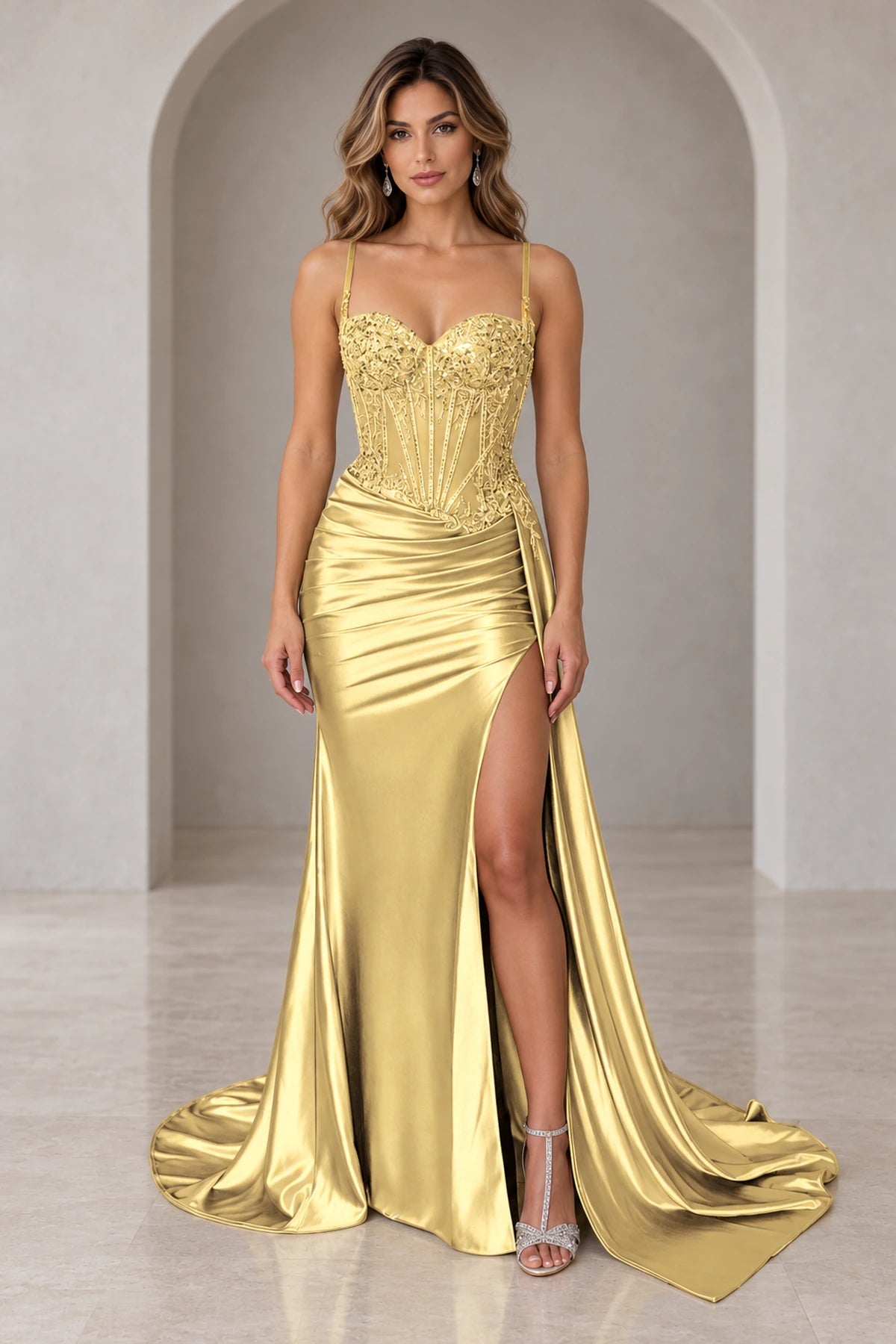 Glamorous Satin Mermaid Sweetheart Sleeveless Low-Back Floor-Length Prom Dress