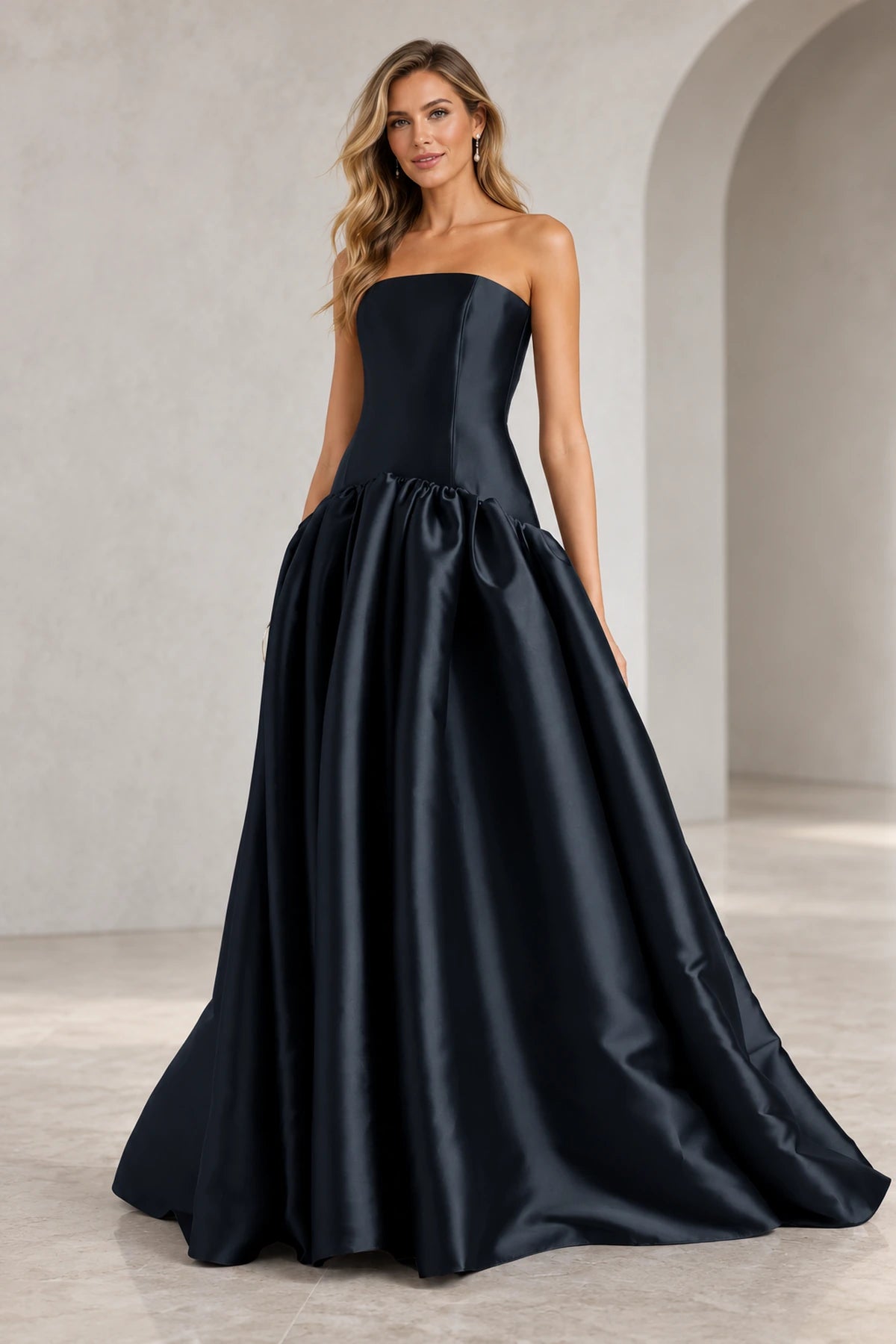 Romantic A Line Straight Neck Strapless Drop Waist Long Prom Dress
