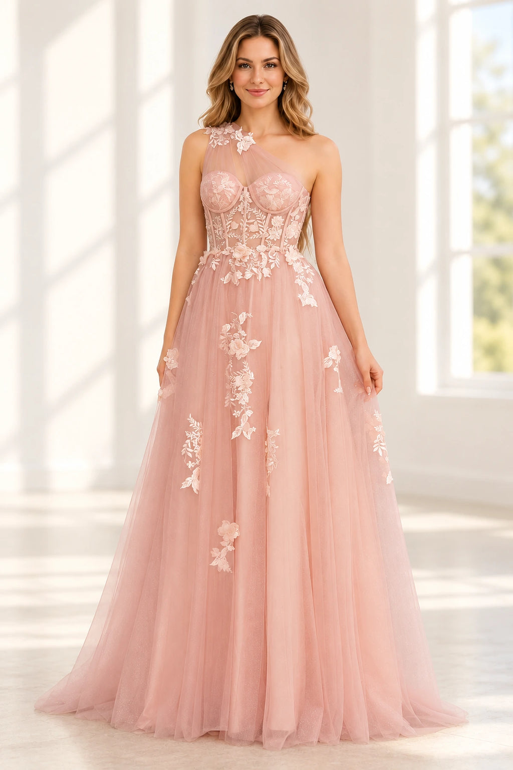 Romantic Tulle A Line Sweetheart One Shoulder Floral Long Prom Dress