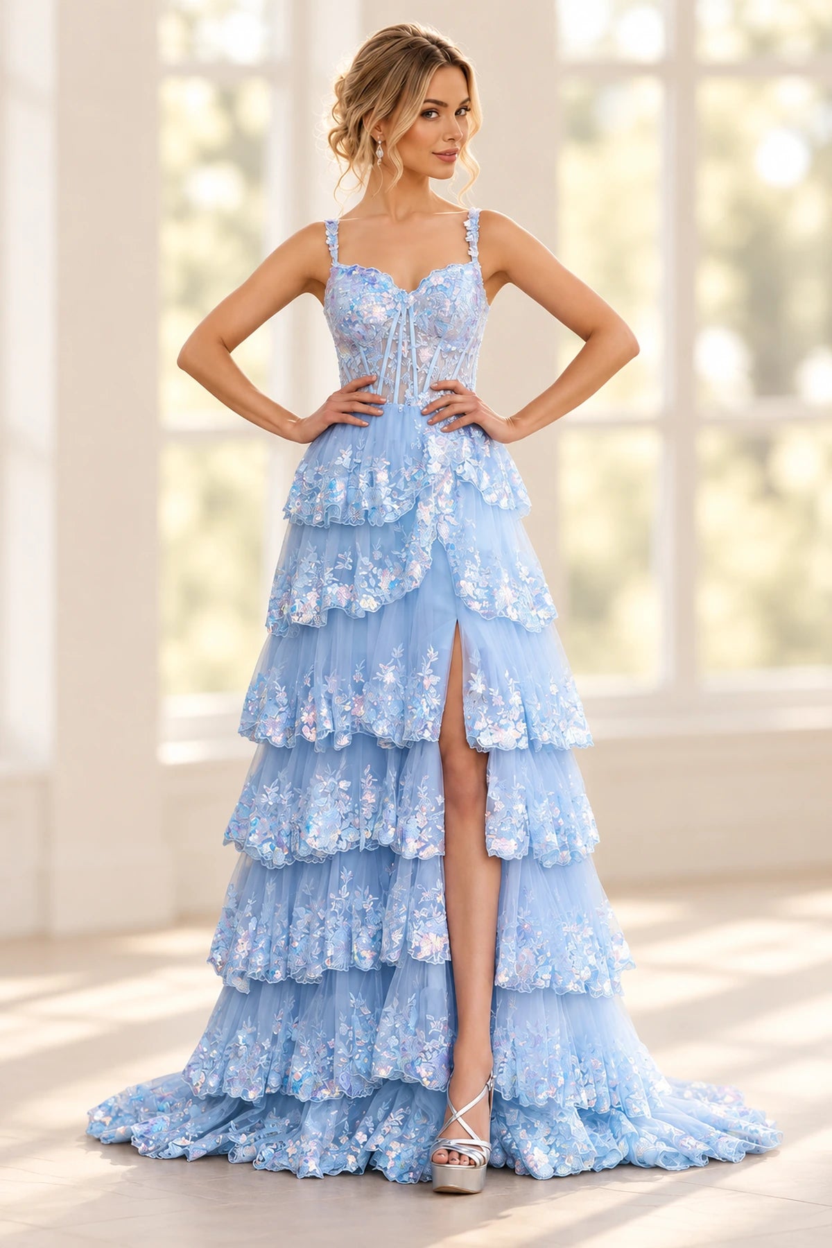 Elegant Tulle Floral Lace A-Line Sweetheart Corset Lace-Up Back Prom Dress