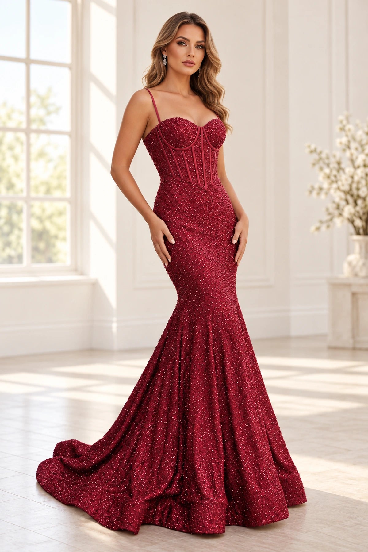Glamorous Sequin Mermaid Sweetheart Spaghetti Strap Corset Lace-Up Back Prom Dress