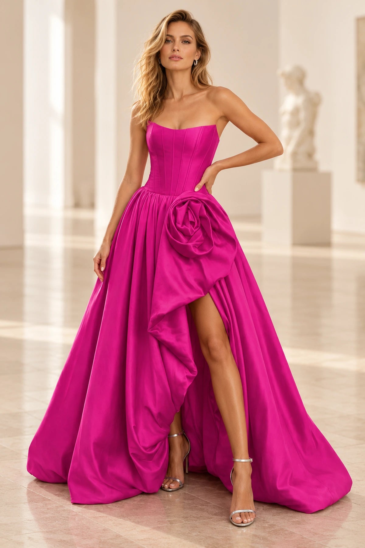 Dramatic Satin A Line Scoop Neck Strapless Long Prom Dress