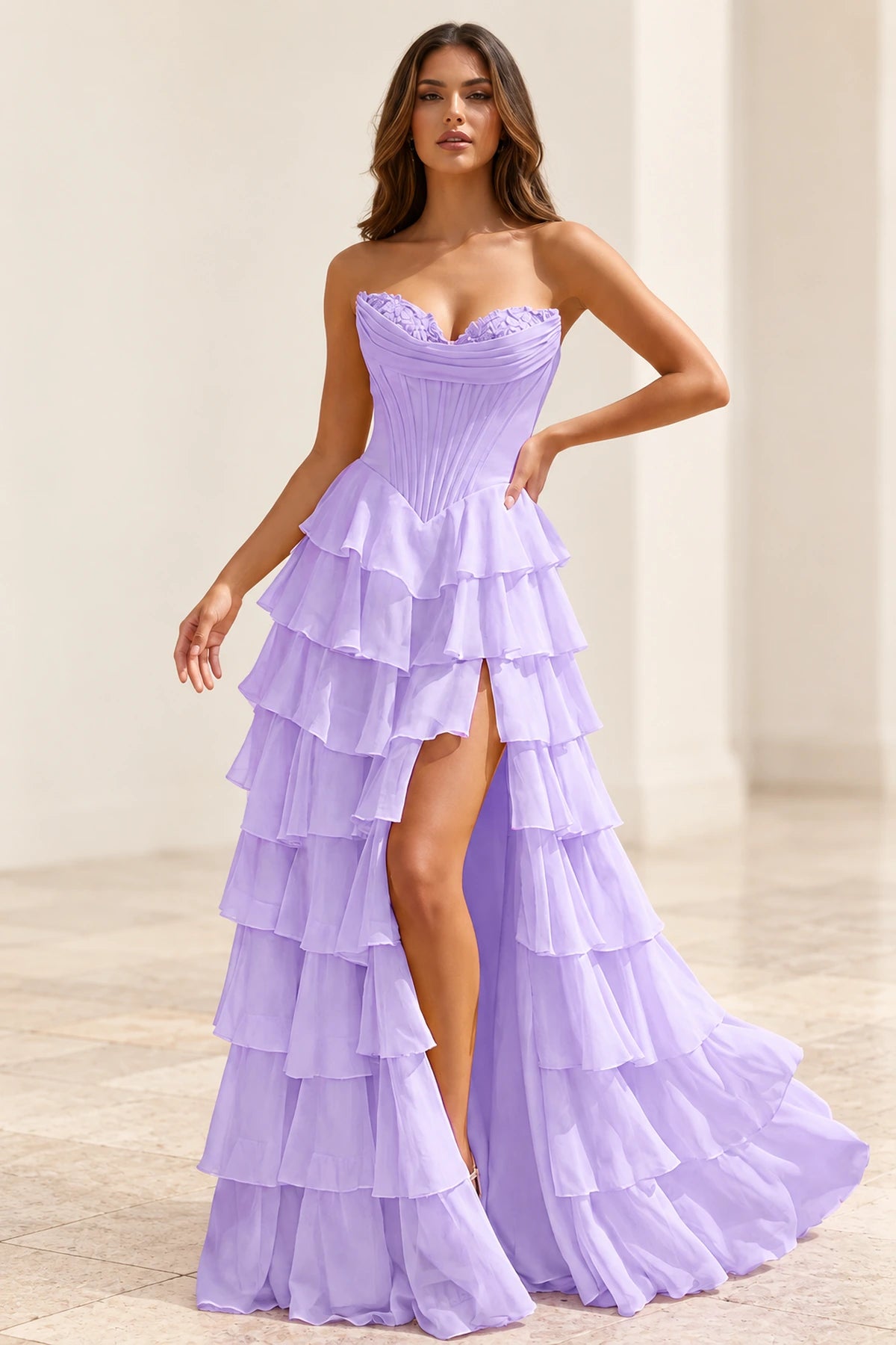 Elegant Chiffon Ball Gown Sweetheart Strapless Corset Lace-Up Back Prom Dress