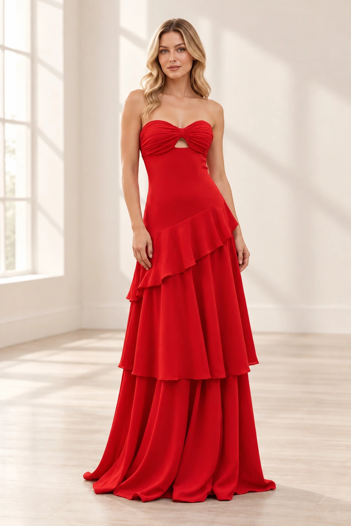Elegant Chiffon A-Line Sweetheart Strapless Ruched Lace-Up Back Long Prom Dress