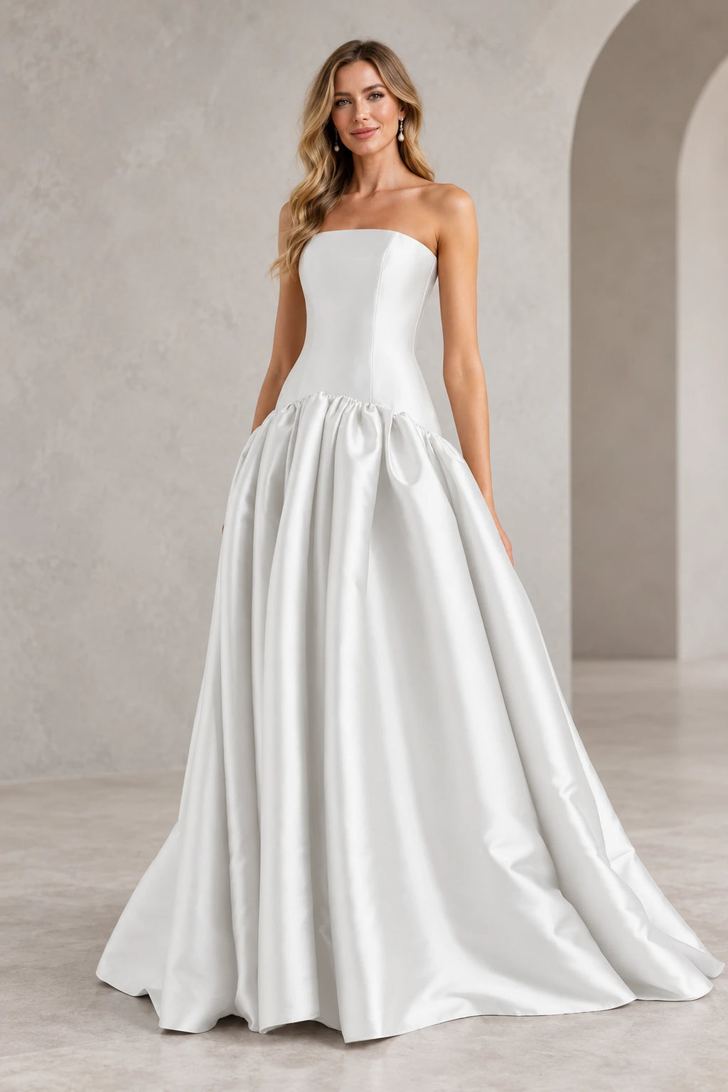 Romantic A Line Straight Neck Strapless Drop Waist Long Prom Dress