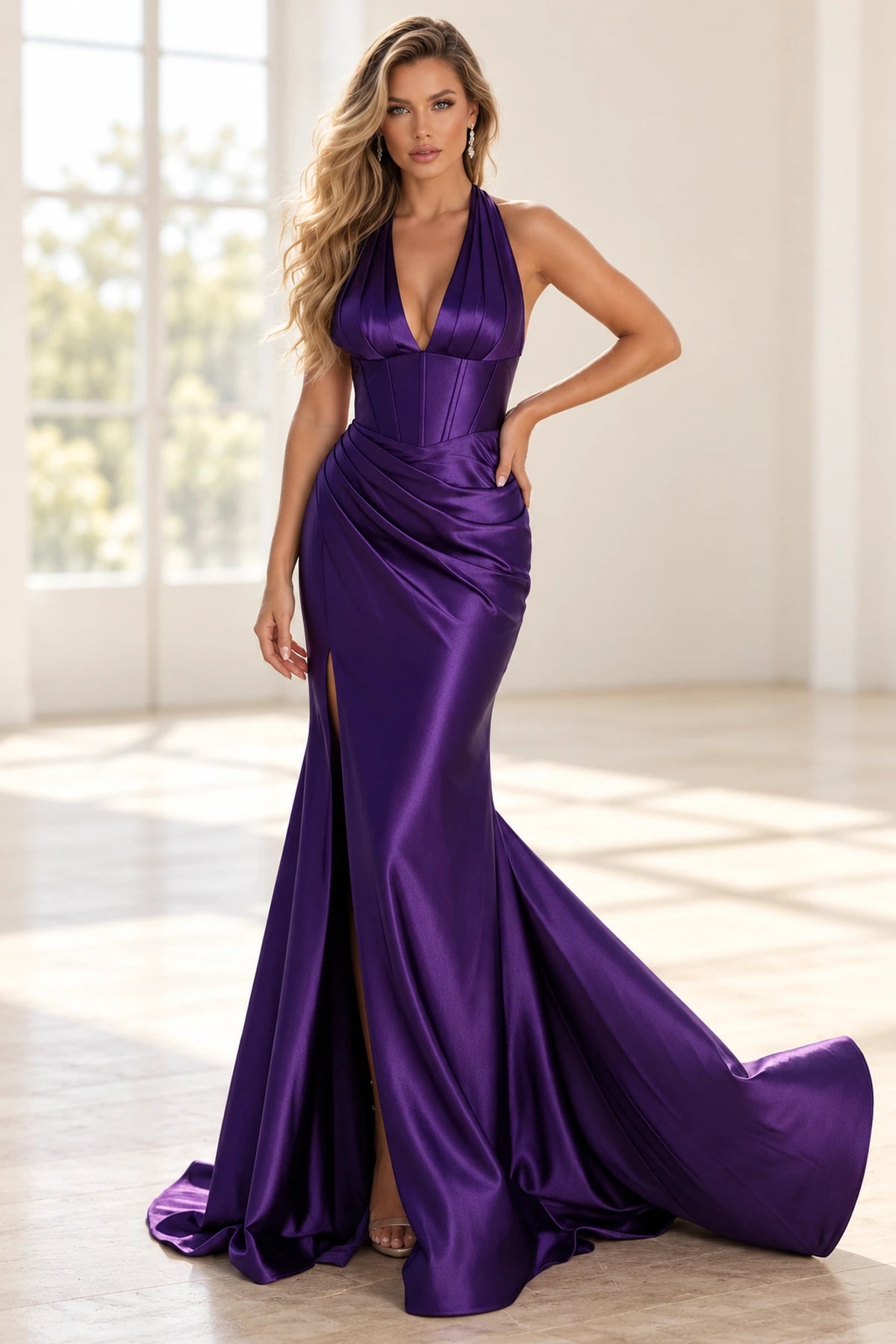 Striking Satin Mermaid Plunging V Neck Halter Long Prom Dress