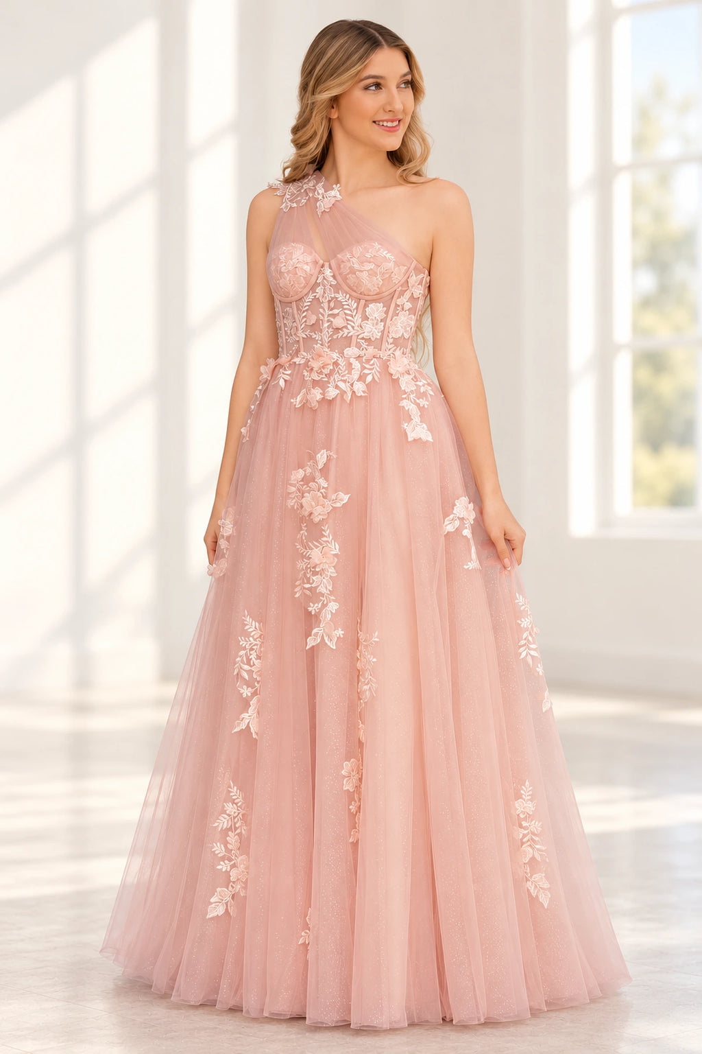 Romantic Tulle A Line Sweetheart One Shoulder Floral Long Prom Dress