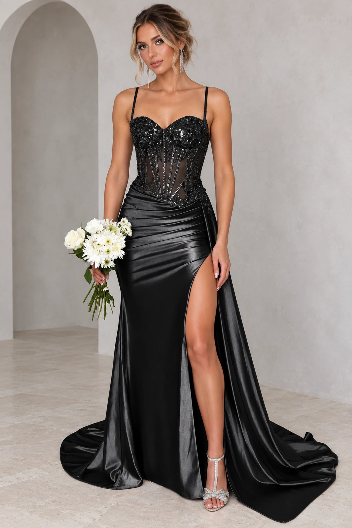 Glamorous Satin Mermaid Sweetheart Sleeveless Low-Back Floor-Length Prom Dress
