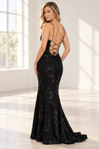 Elegant Floral Applique Mermaid Scoop Neck Spaghetti Strap Lace-Up Back Prom Dress