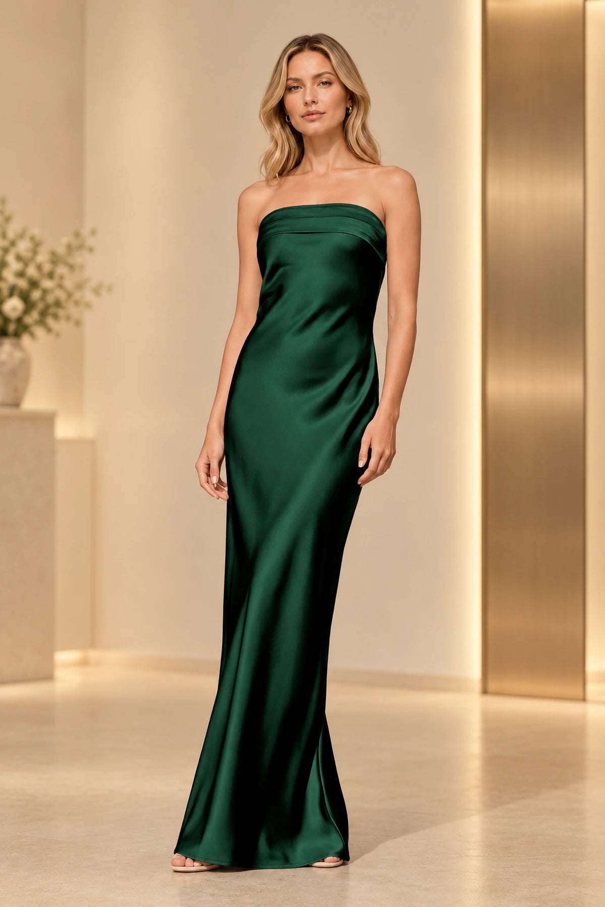 Sleek Satin Look Sheath Straight Neck Strapless Long Prom Dress