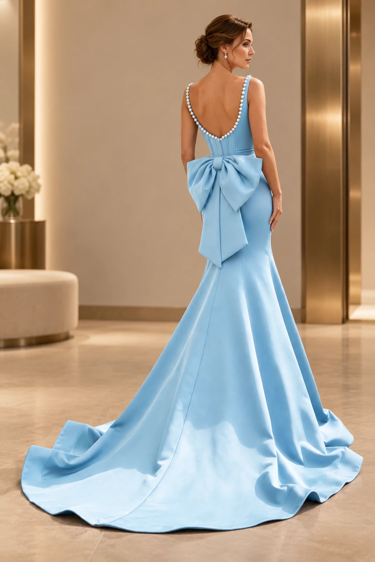 Elegant Satin Mermaid Square Neck Pearl Trim Bow Back Long Prom Dress