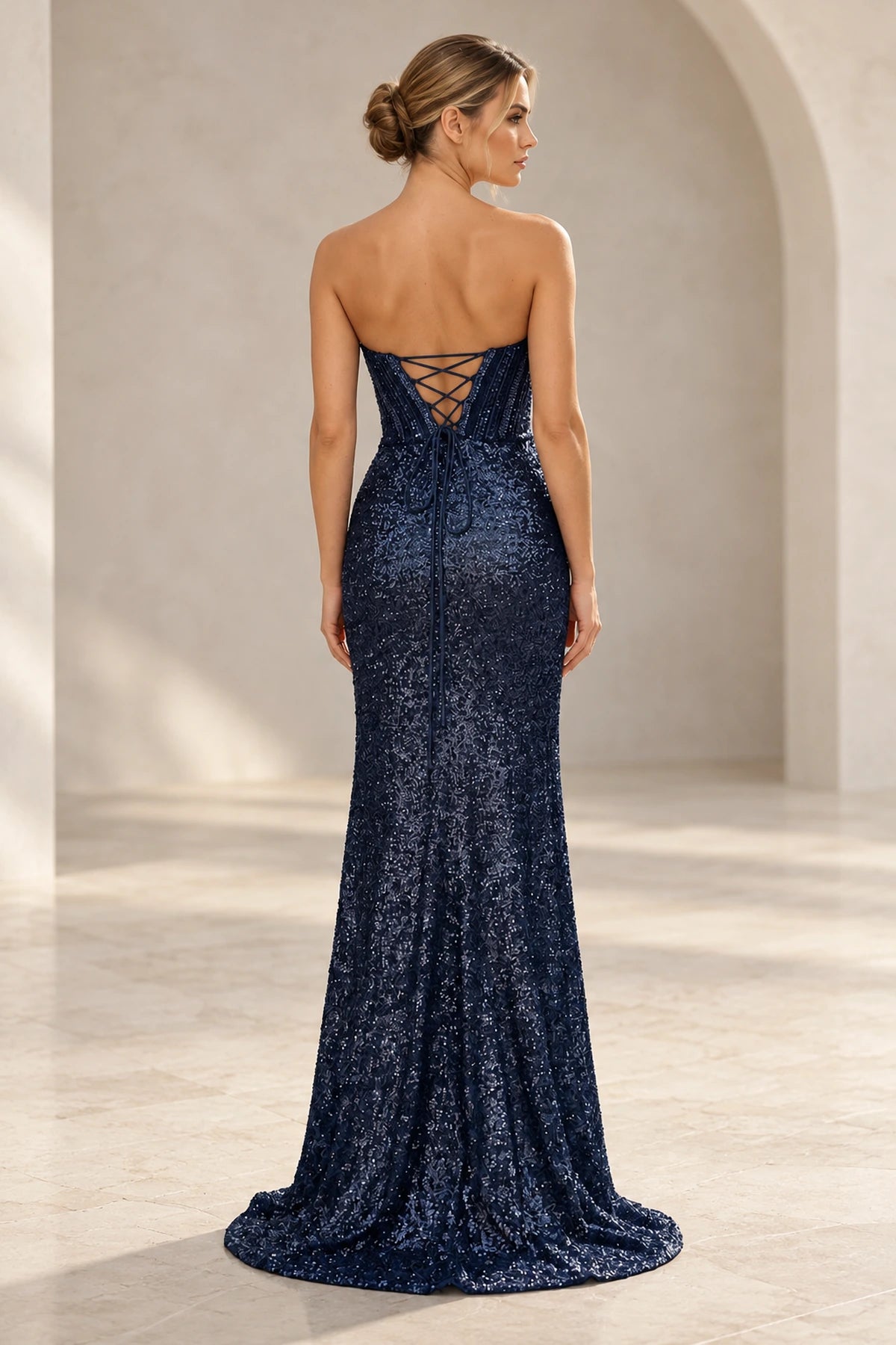 Elegant Sequin Mermaid Sweetheart Strapless Corset Lace-Up Back Prom Dress