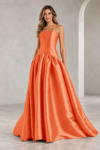 Romantic A Line Straight Neck Strapless Drop Waist Long Prom Dress